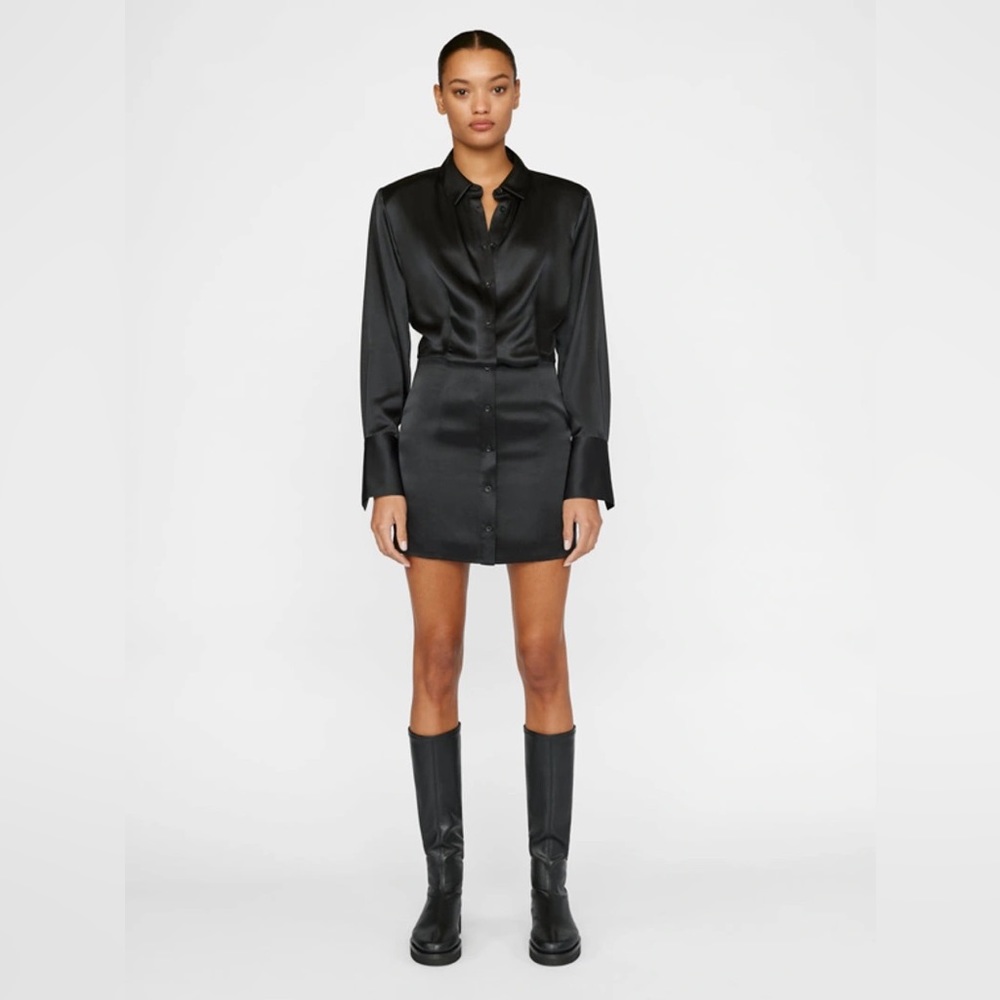 Frame Strong Shoulder Long Sleeve Stretch Silk Minidress